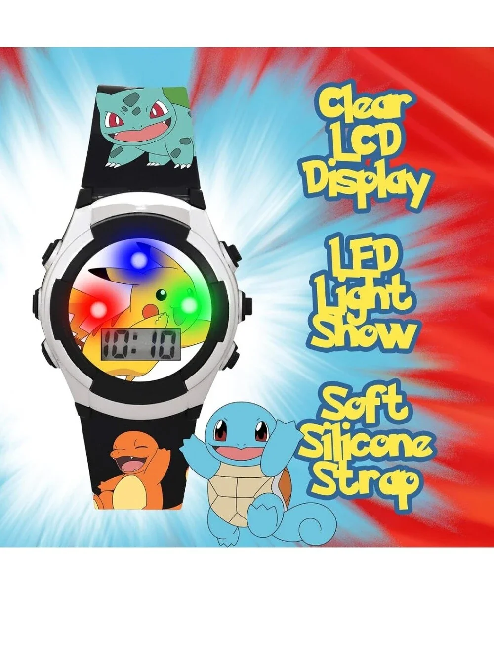 Kids Digital LCD Watch – Black with Pikachu, Charmander & Bulbasaur